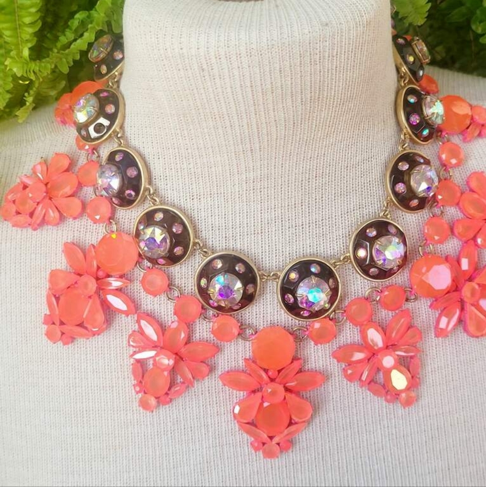 J. Crew Orange and Pinky-Orange Neon Crystal Statement Necklace and Earrings Set